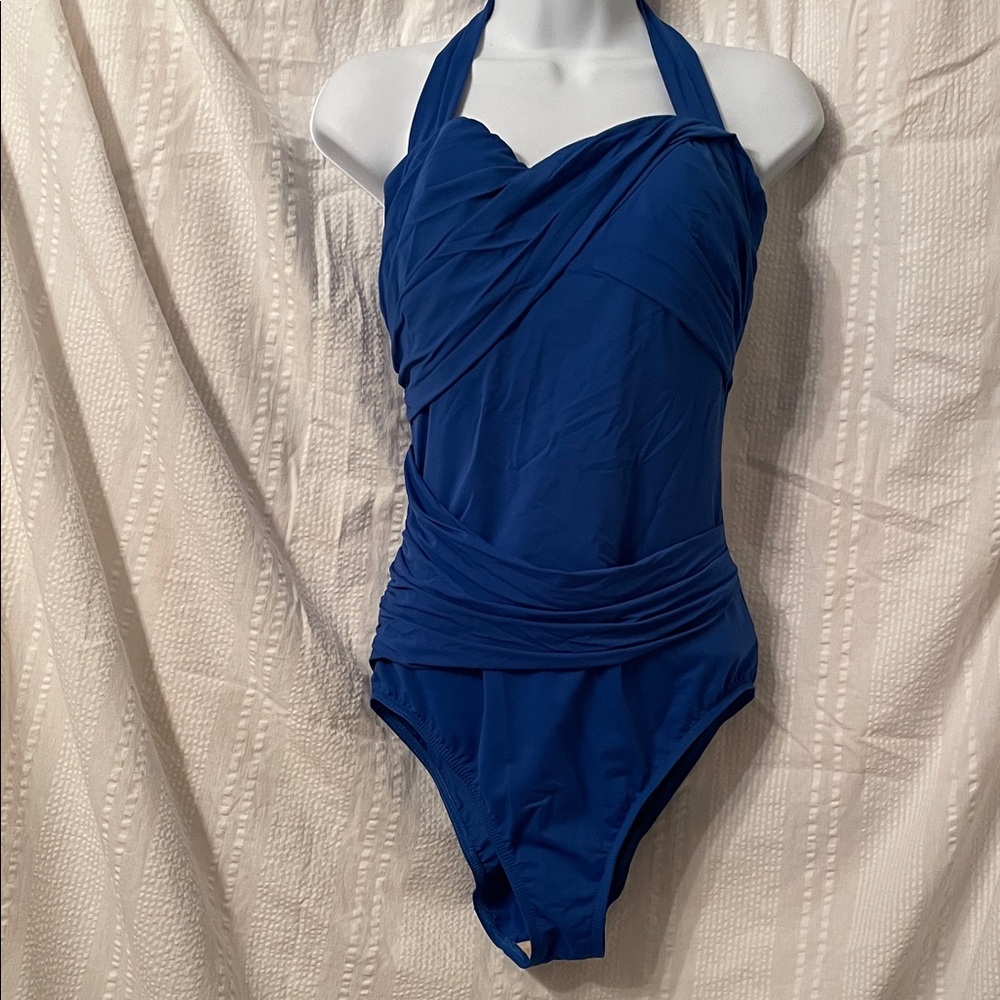 Lands' End Women's Blue retro One Piece Swimsuit size 16L 16 long